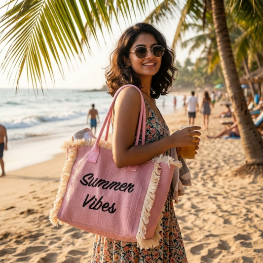 Pastel Pink Canvas Tote Bag | Handcrafted Cotton Tote for College, Work & Gifting | Spacious with Zip