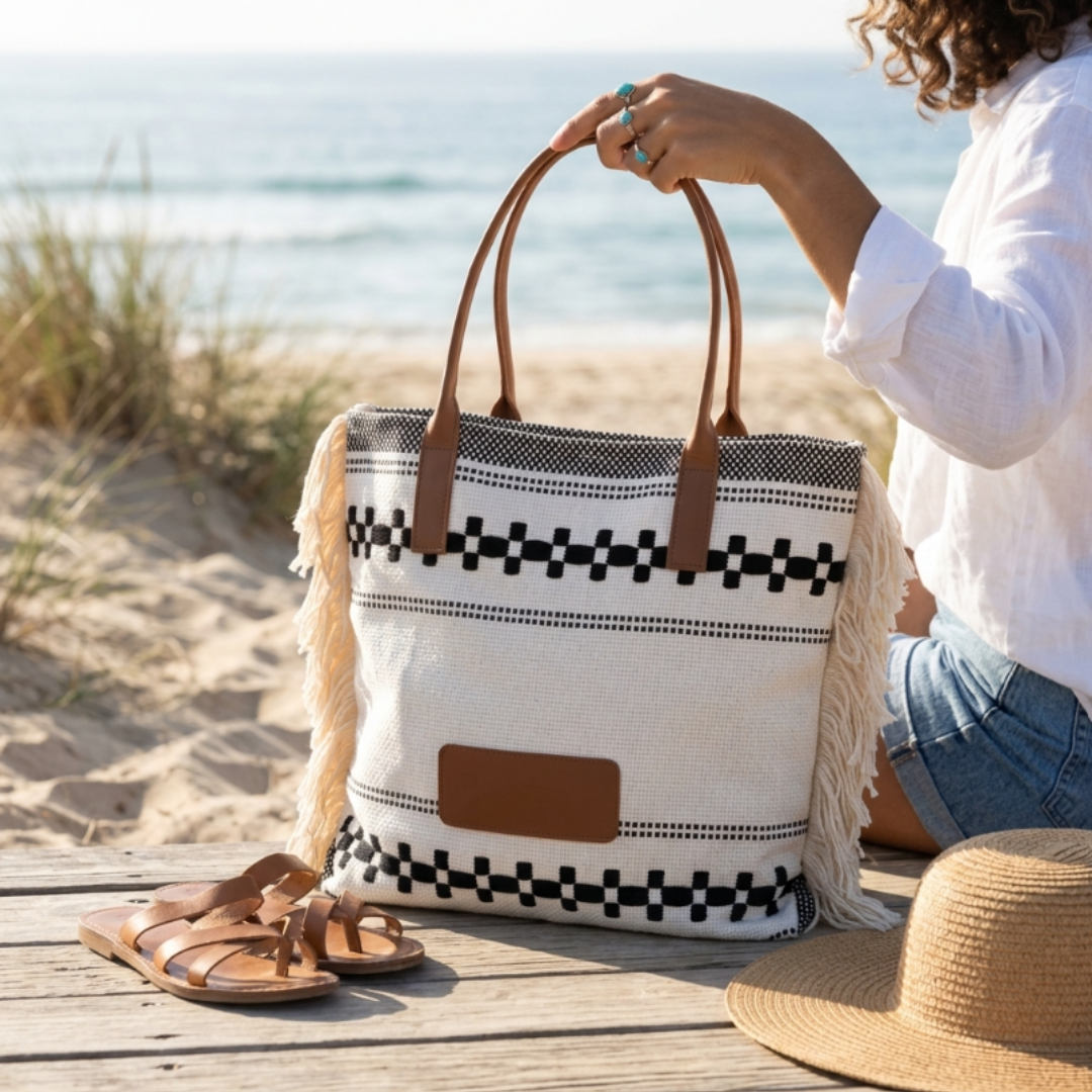 Macrame Tote Bag for Women | Hand-Knotted Fringe Tote | Beach, Resort & Boho Style