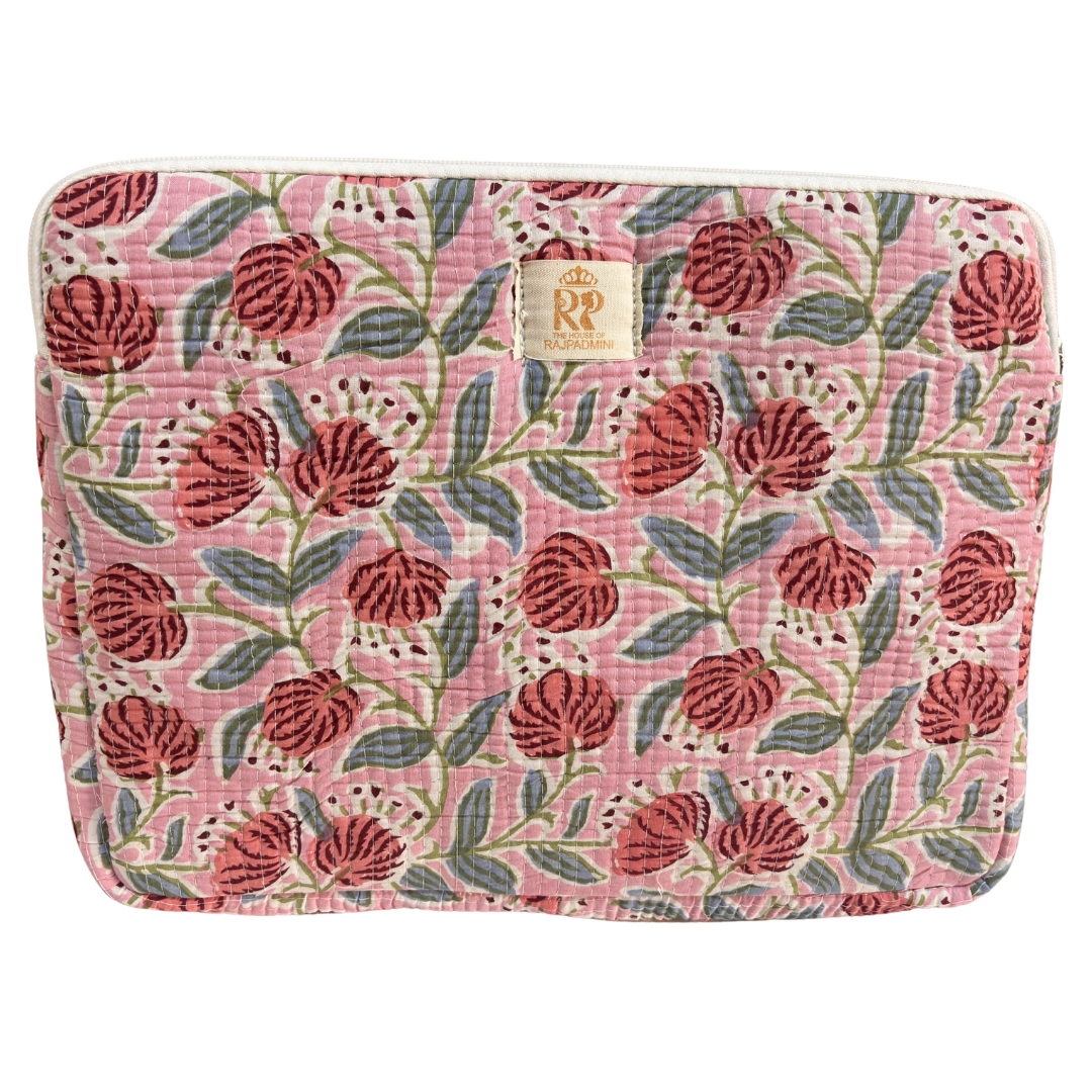 Floral Pink quilted cotton laptop sleeve with external zip pocket — handcrafted 14-inch sleeve by The House of RajPadmini