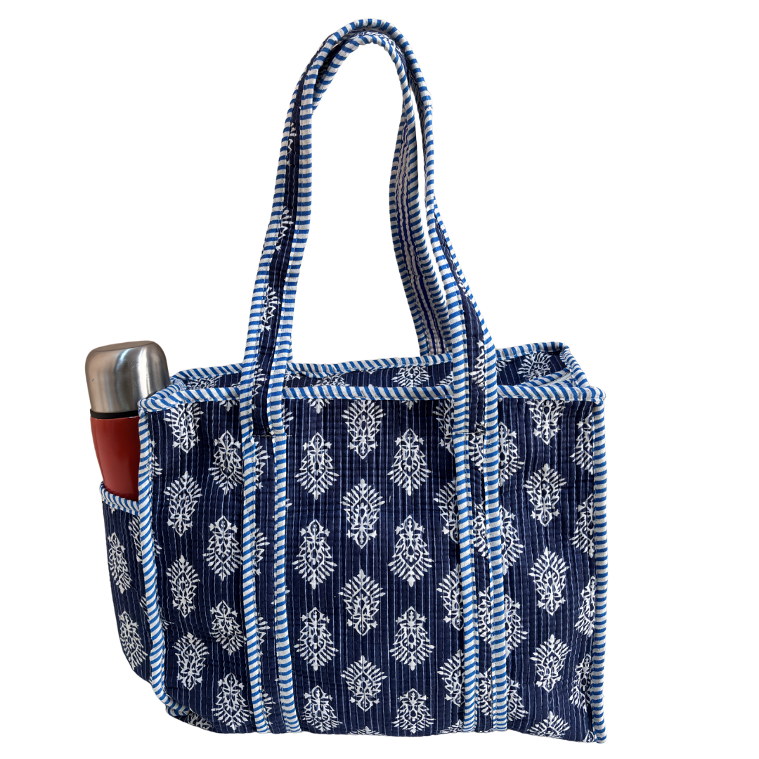Blue quilted cotton tote bag 14x14 inches — handcrafted shopping tote | RajPadmini Jaipur