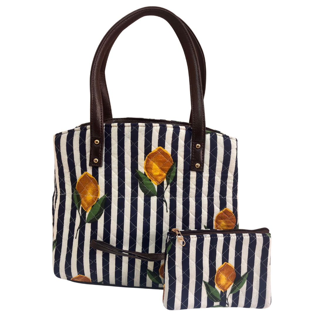 The House of RajPadmini Cross Quilted Cotton Tote Bag with Matching Pouch