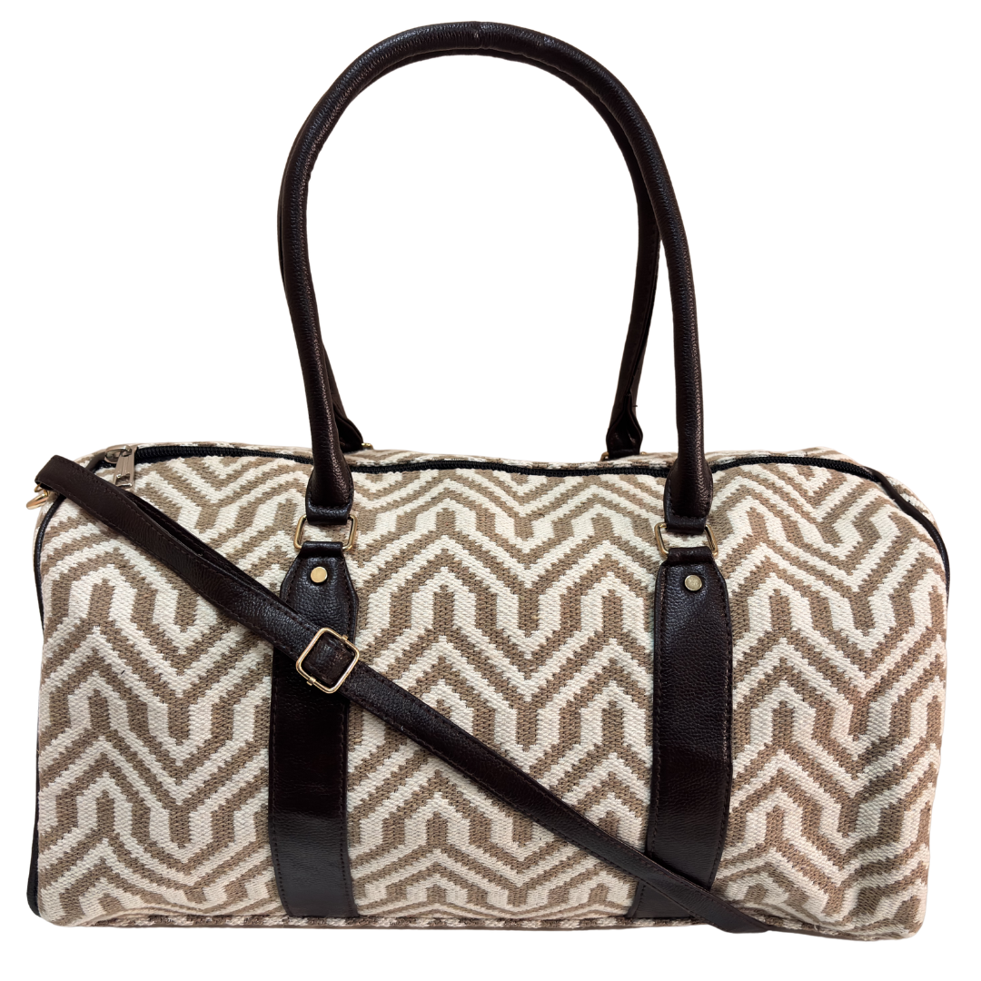 Sandstone Ivory white and beige jacquard duffle bag by The House of RajPadmini — handcrafted in Jaipur