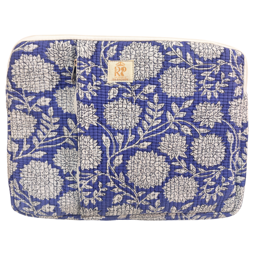 Quilted Cotton Laptop Sleeve with External Pocket — Handcrafted 14-inch Sleeve | The House of RajPadmini