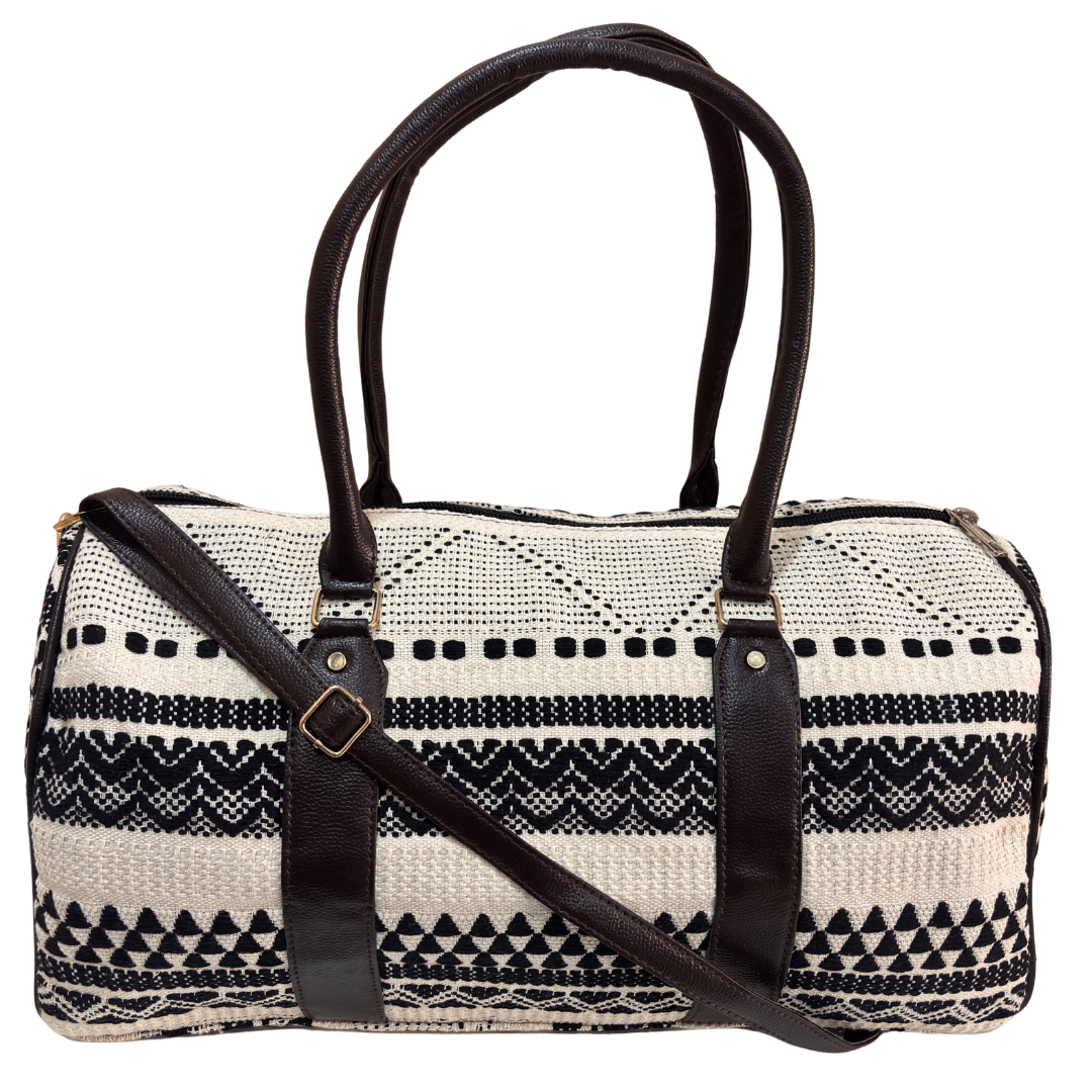 Monochrome Classic white and black jacquard duffle bag by The House of RajPadmini — handcrafted in Jaipur