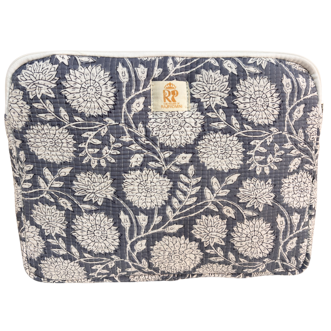 Grey quilted cotton laptop sleeve with external zip pocket — handcrafted 14-inch sleeve by The House of RajPadmini