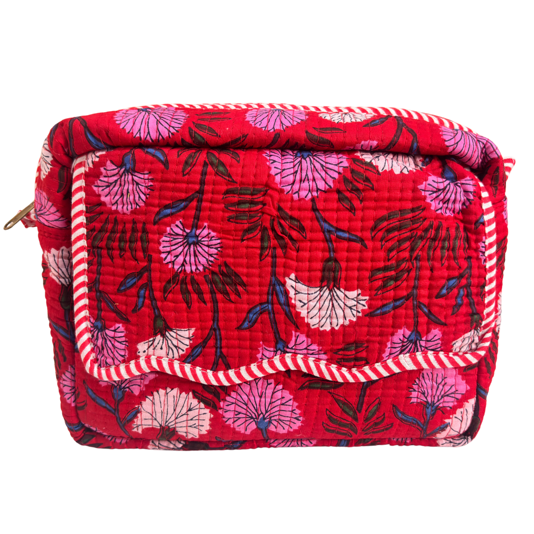 RajPadmini block-print cosmetic case — front view showing quilted cotton exterior and sturdy zip closure
