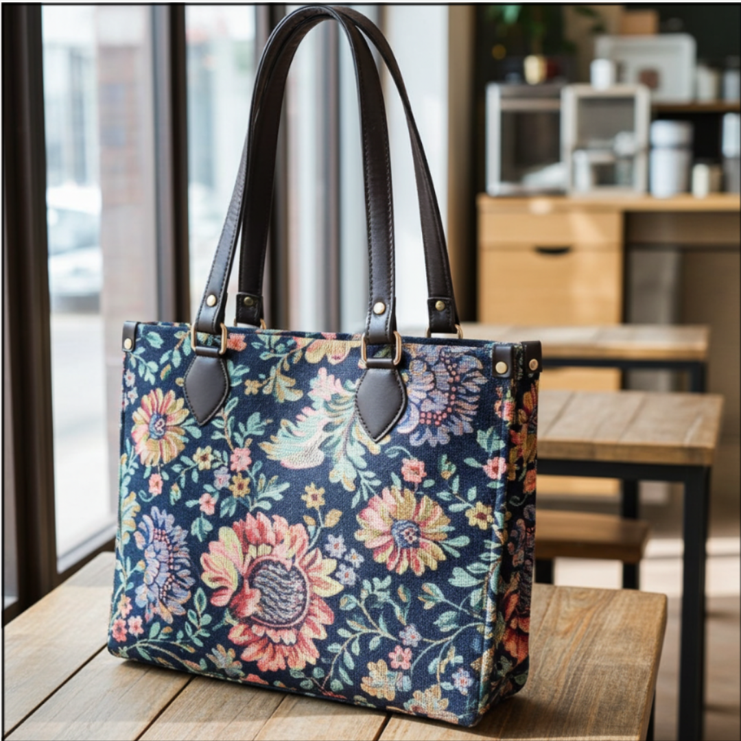 Atrangi Edition:- Blue Floral Handcrafted Tote Bag with complimentary Pouch