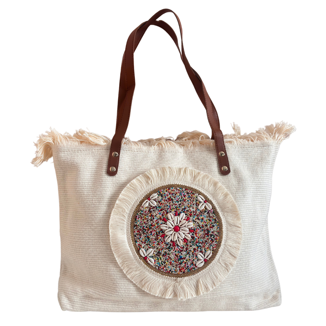 Beaded Canvas Tote Bag for Women | Hand-Embellished Bohemian Tote