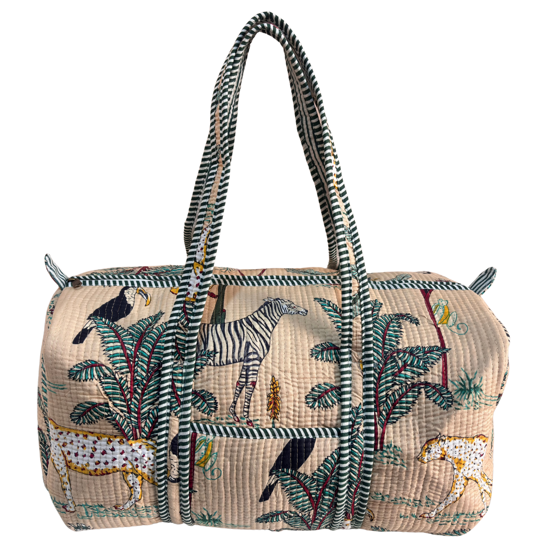 Pushkar Balloon Quilted Heritage Duffle by The House of RajPadmini — handcrafted travel duffle from Jaipur (Animal Print Off-White variant)