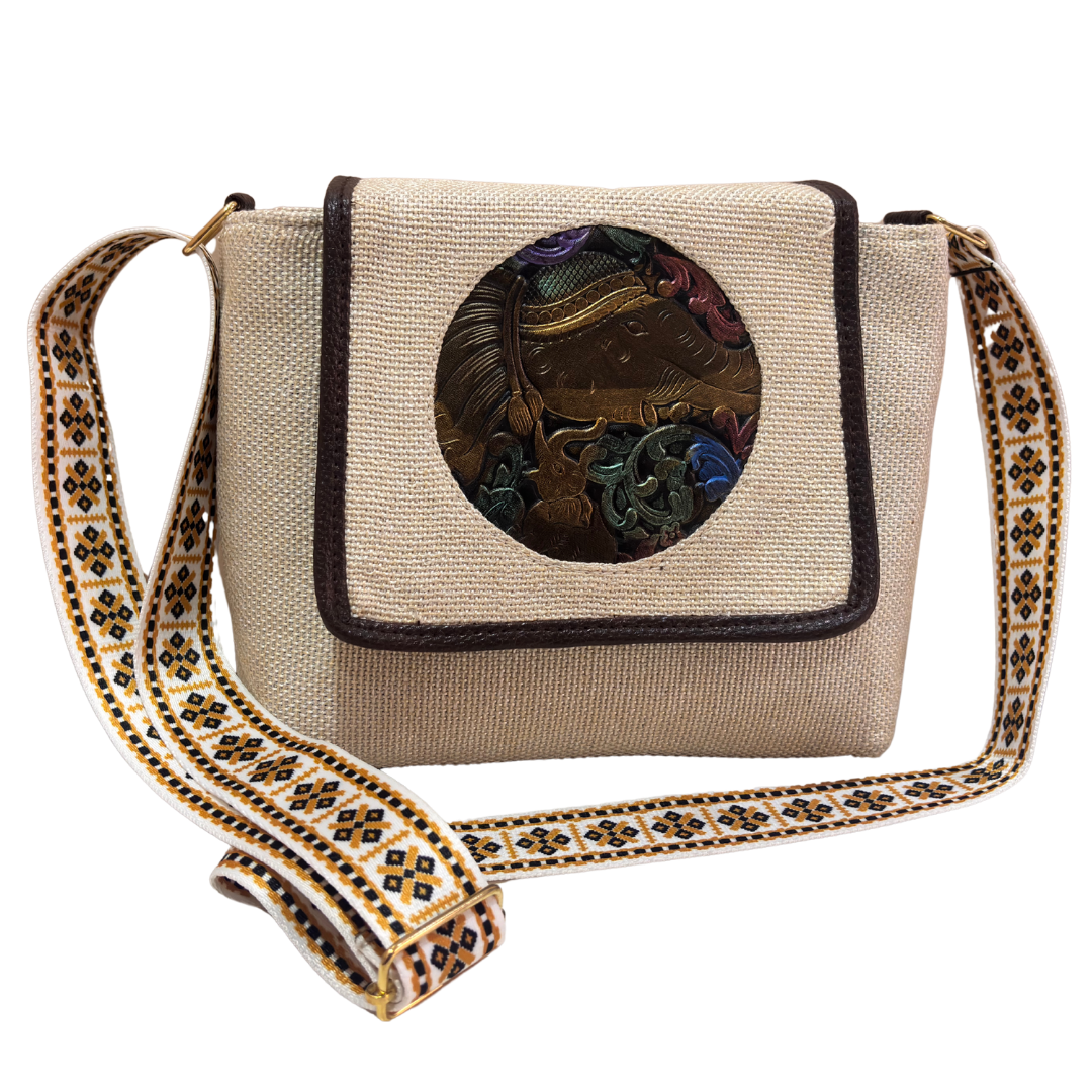Medallion Embossed Jute Sling Bag