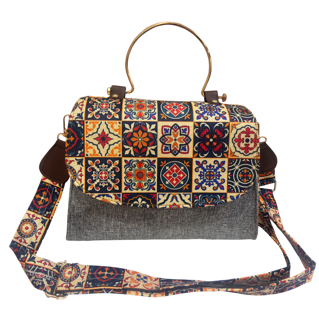 The House of RajPadmini Sanganer Heritage Edition | Hand-Block Print Sling Bag with Signature Metal Ring Handle & Double Partition