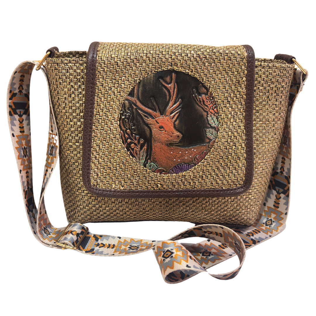 Medallion Embossed Jute Sling Bag