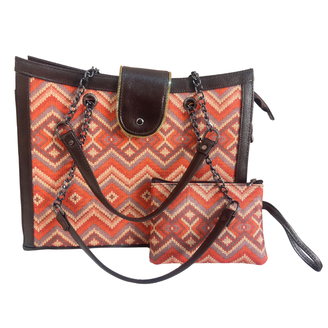 Chain Handle Tote Bag for Women | Rajasthani Block Print with Gold Chain Handles & Matching Pouch