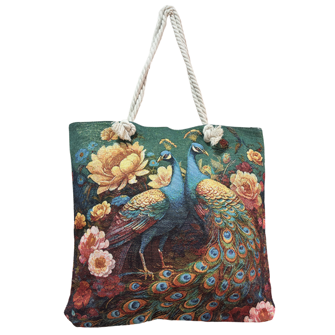 Peacock & Floral Print Canvas Beach Tote — Handcrafted Waterproof Tote with Zip Closure | The House of RajPadmini