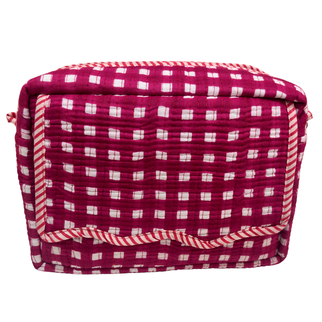 RajPadmini block-print cosmetic case — front view showing quilted cotton exterior and sturdy zip closure