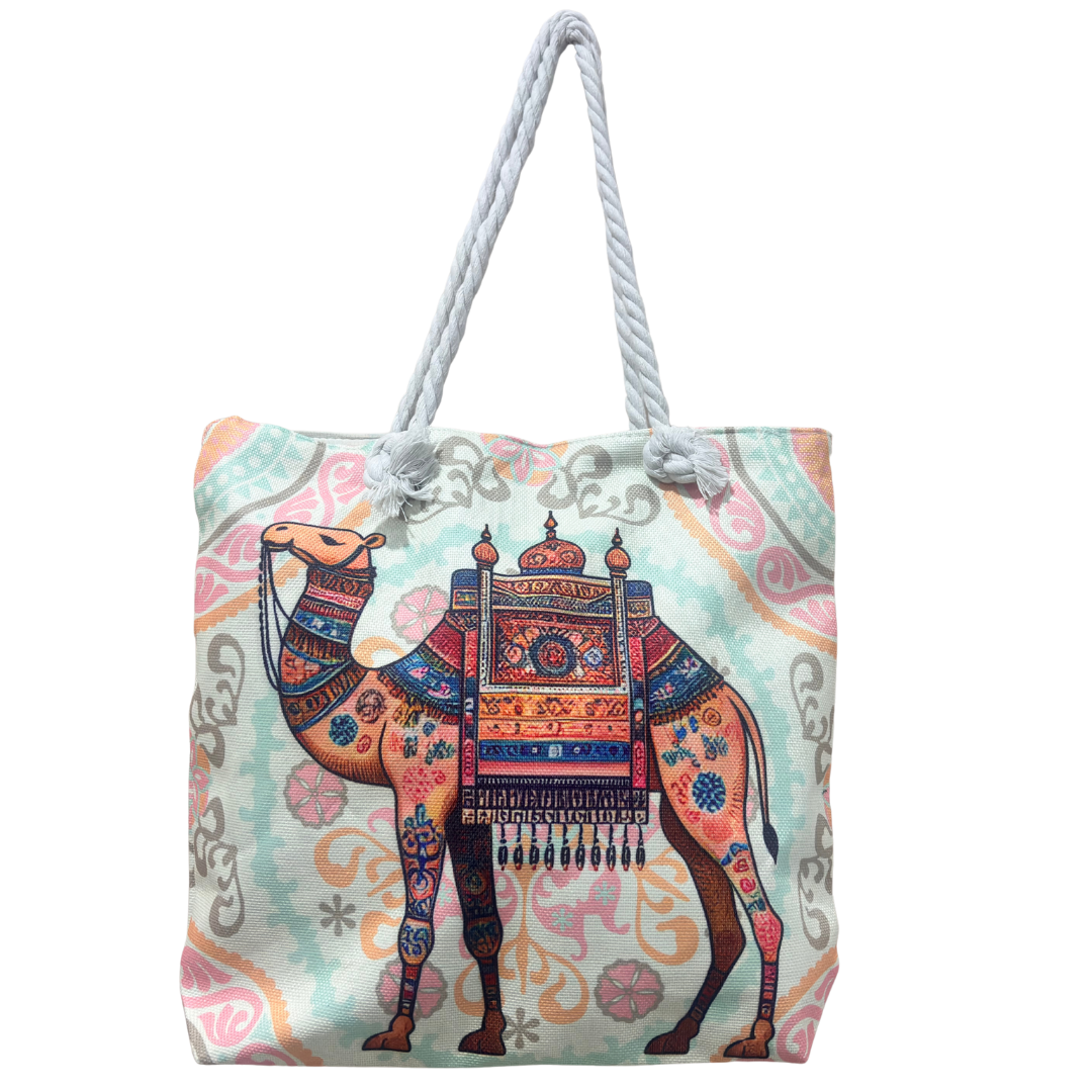The House of RajPadmini Desert Caravan Edition | Waterproof Jaipuri Print Beach Tote with Peacock & Camel Motifs