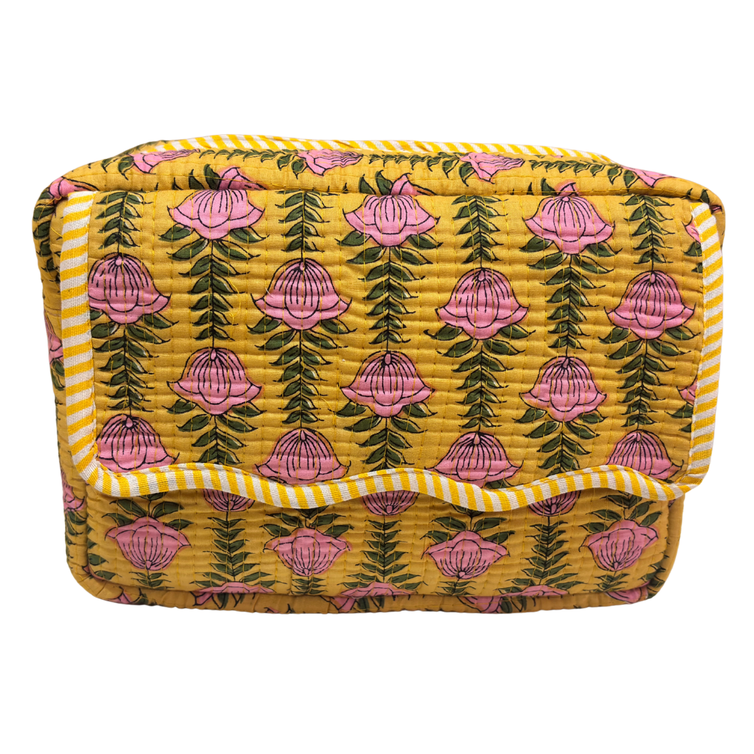 RajPadmini block-print cosmetic case — front view showing quilted cotton exterior and sturdy zip closure