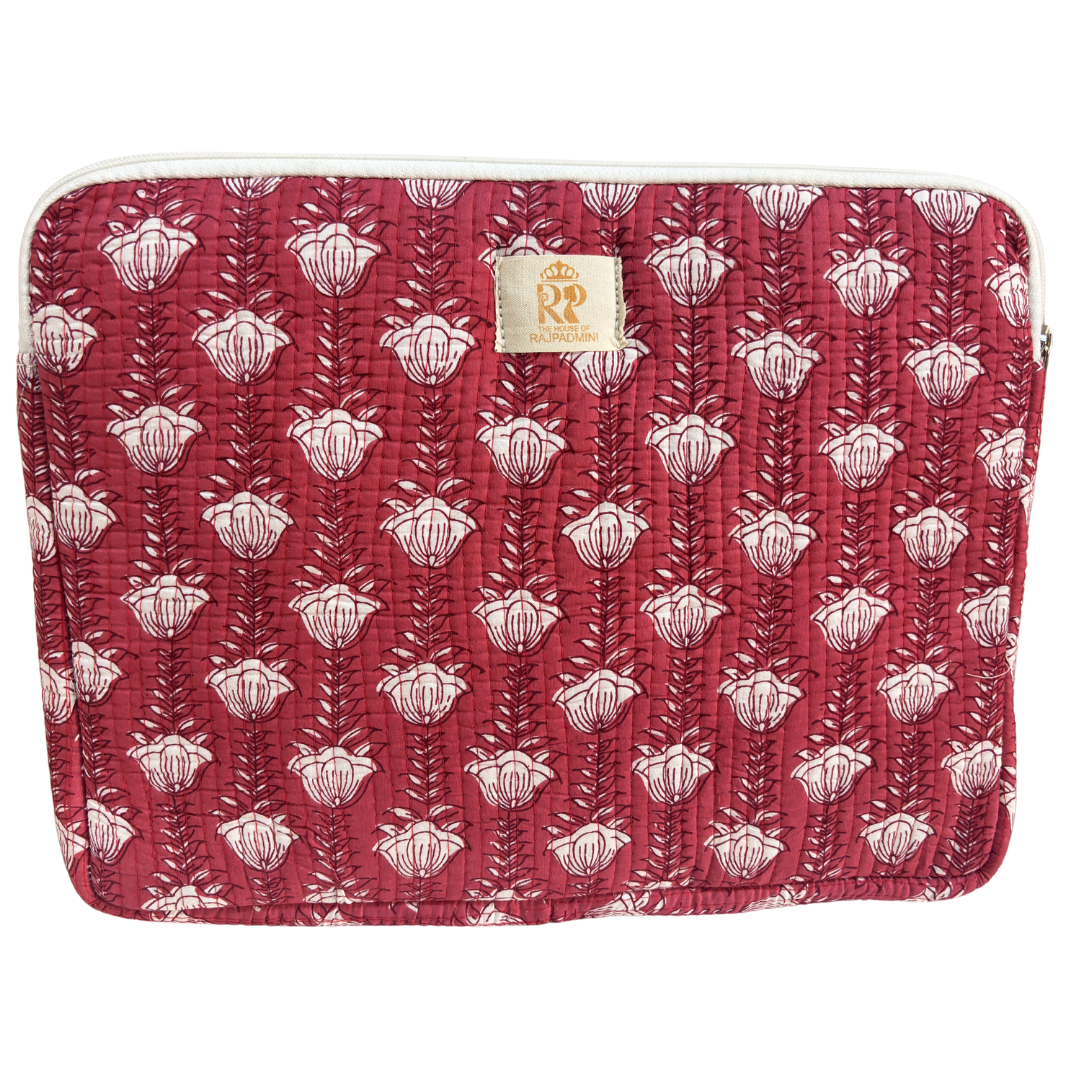 Dark Pink quilted cotton laptop sleeve with external zip pocket — handcrafted 14-inch sleeve by The House of RajPadmini