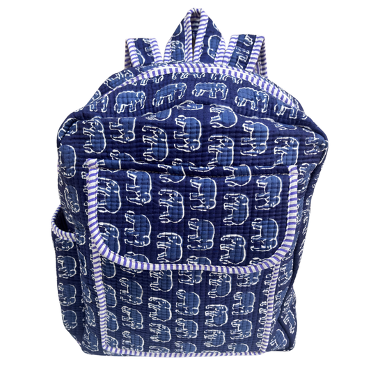 Blue quilted cotton backpack with animal print — handcrafted Jungle Book Edition | The House of RajPadmini Jaipur
