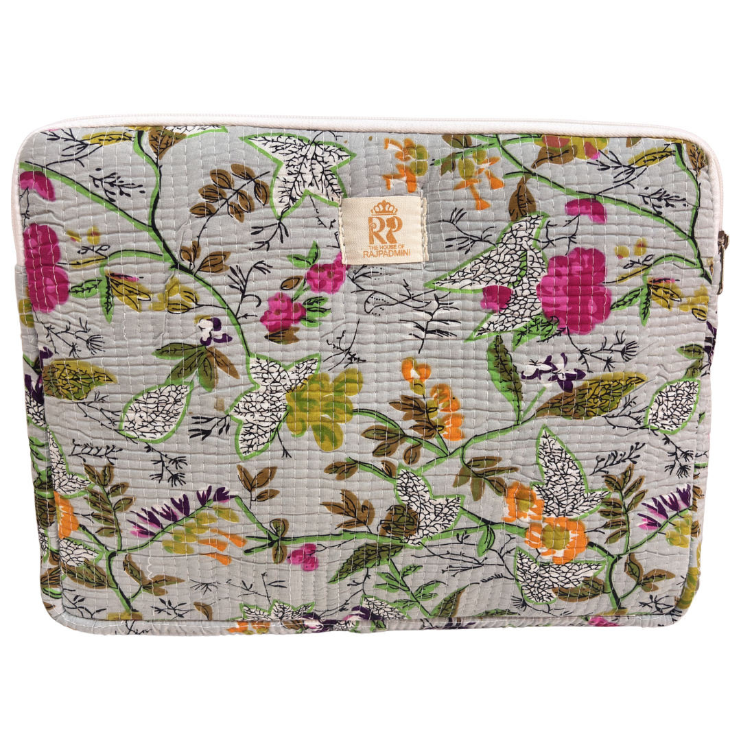 Off-White Multicolour quilted cotton laptop sleeve with external zip pocket — handcrafted 14-inch sleeve by The House of RajPadmini