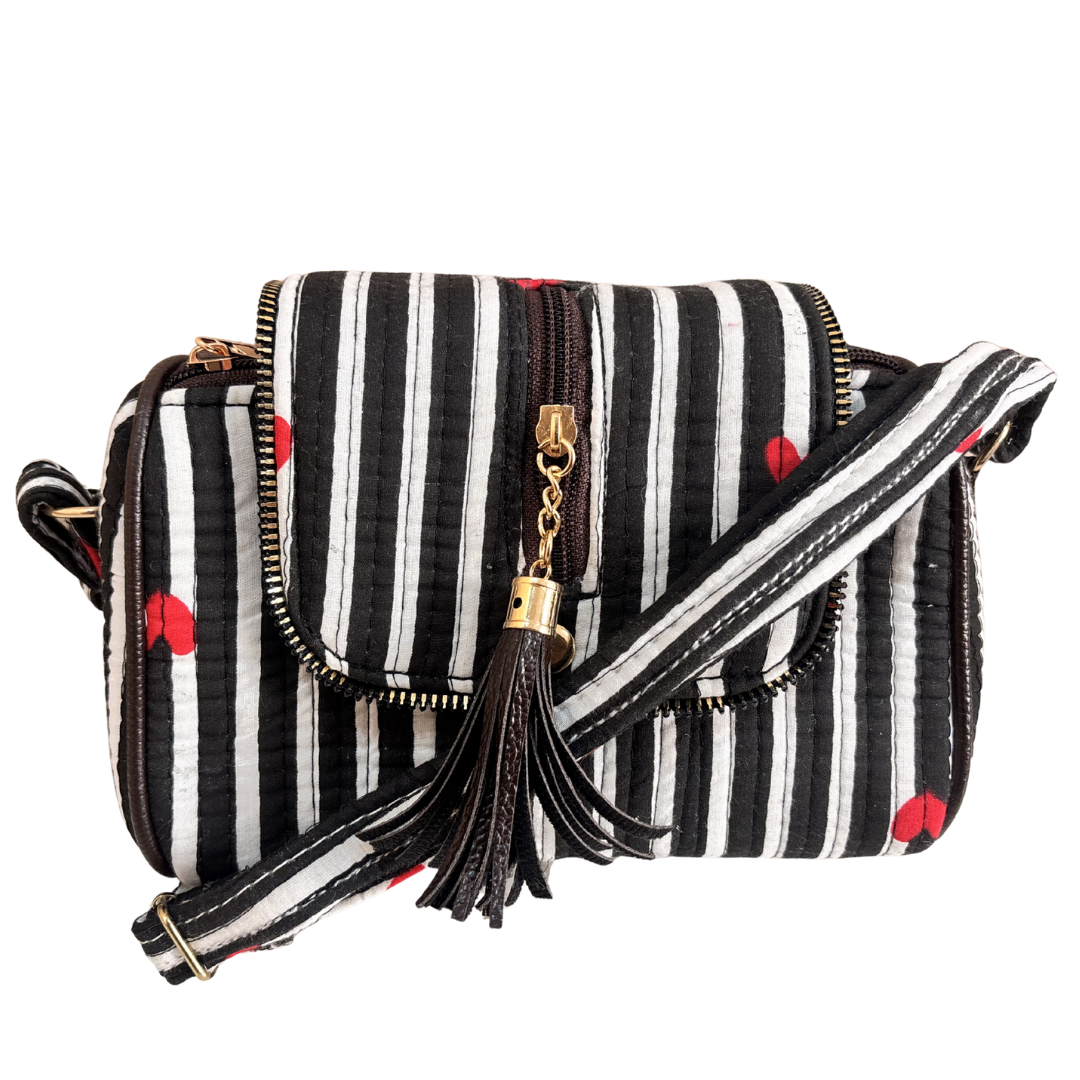 White and Black quilted cotton sling bag — handcrafted mini crossbody | RajPadmini Jaipur