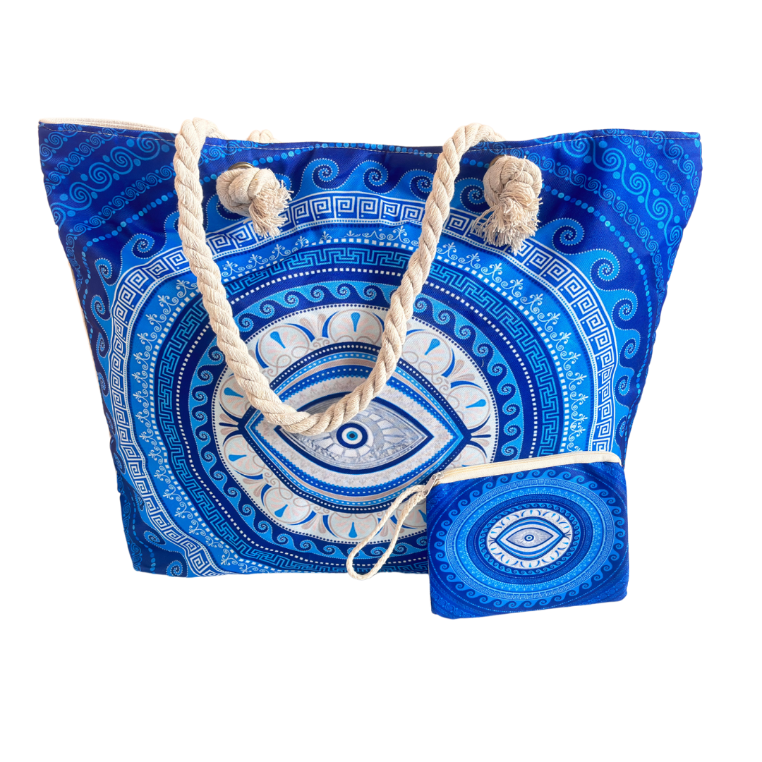 The Beach Party Edition:- Blue Evil Eye Print Beach Tote Bag with complimentary Pouch - The House of RajPadmini