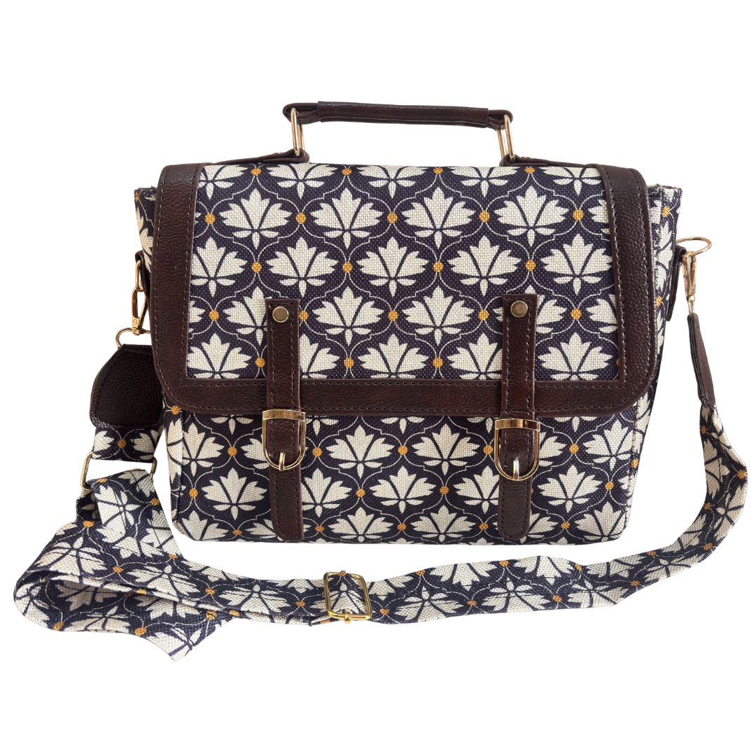 RajPadmini Briefcase Sling Bag in Grey Royal Bouquet floral print – handcrafted cotton bag, front view