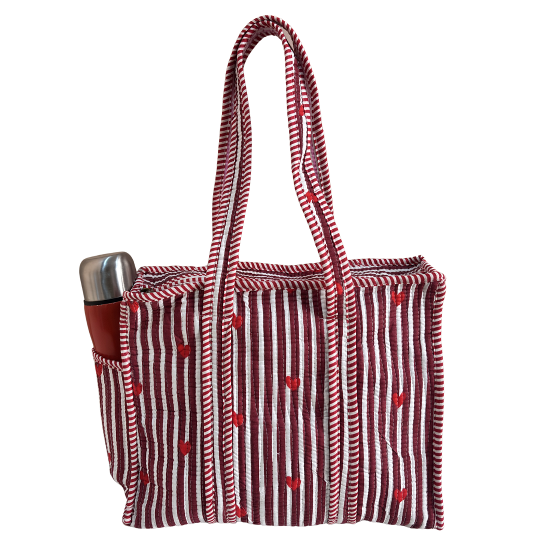 Heart Red quilted cotton tote bag 14x14 inches — handcrafted shopping tote | The House of RajPadmini Jaipur