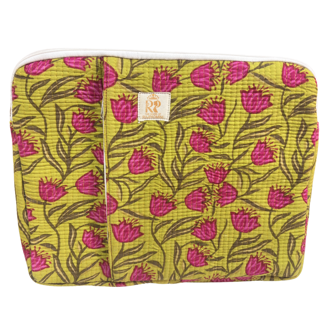 Quilted Cotton Laptop Sleeve with External Pocket — Handcrafted 14-inch Sleeve | The House of RajPadmini