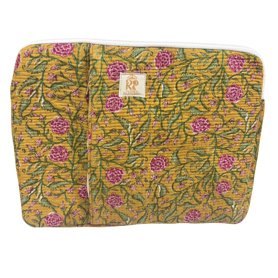 Quilted Cotton Laptop Sleeve with External Pocket — Handcrafted 14-inch Sleeve | The House of RajPadmini