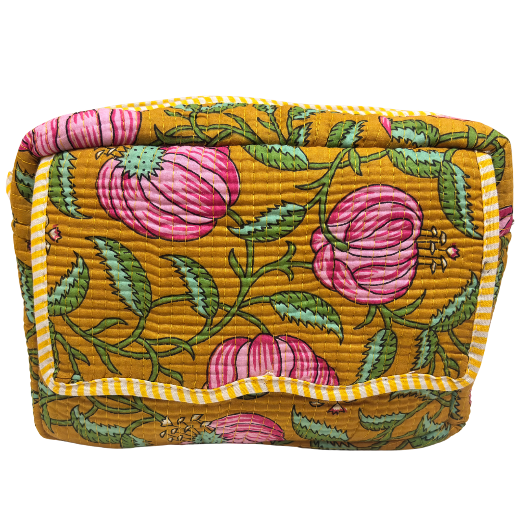 Multi-Pocket Travel Cosmetic Case with Flap & Front Zip — Handcrafted Quilted Block Print | RajPadmini