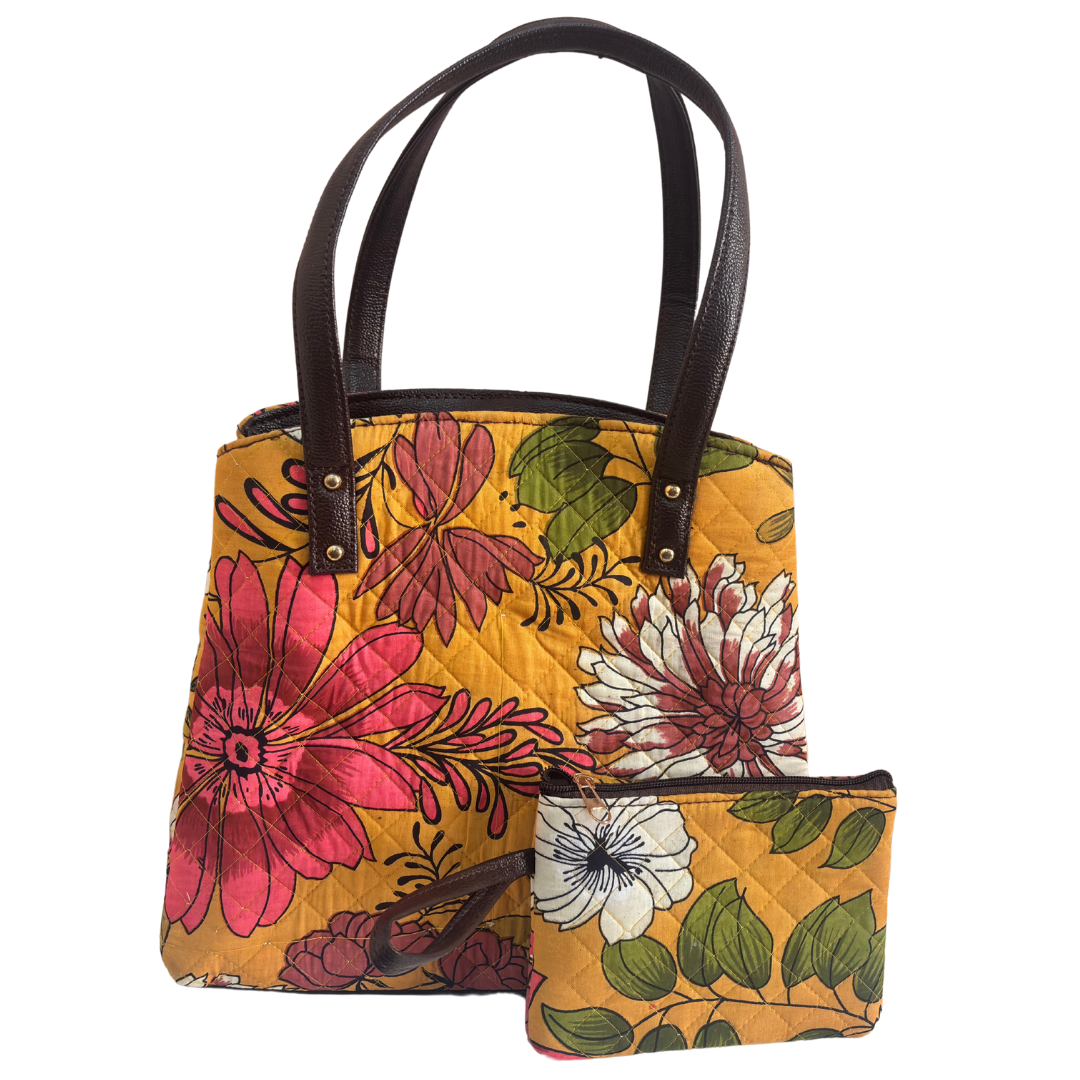 The House of RajPadmini Cross Quilted Cotton Tote Bag with Matching Pouch