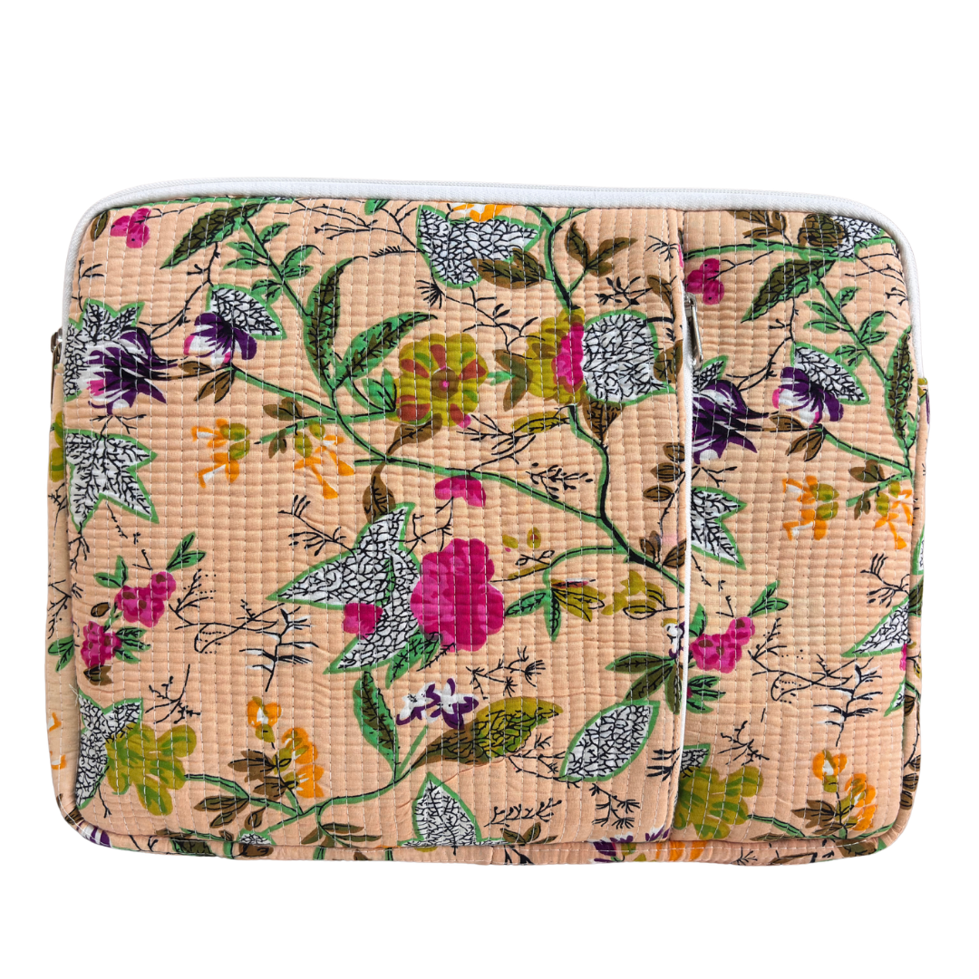 Quilted Cotton Laptop Sleeve with External Pocket — Handcrafted 14-inch Sleeve | The House of RajPadmini