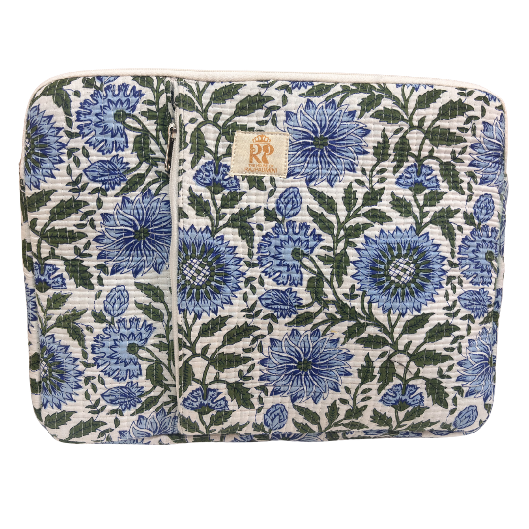 Quilted Cotton Laptop Sleeve with External Pocket — Handcrafted 14-inch Sleeve | The House of RajPadmini