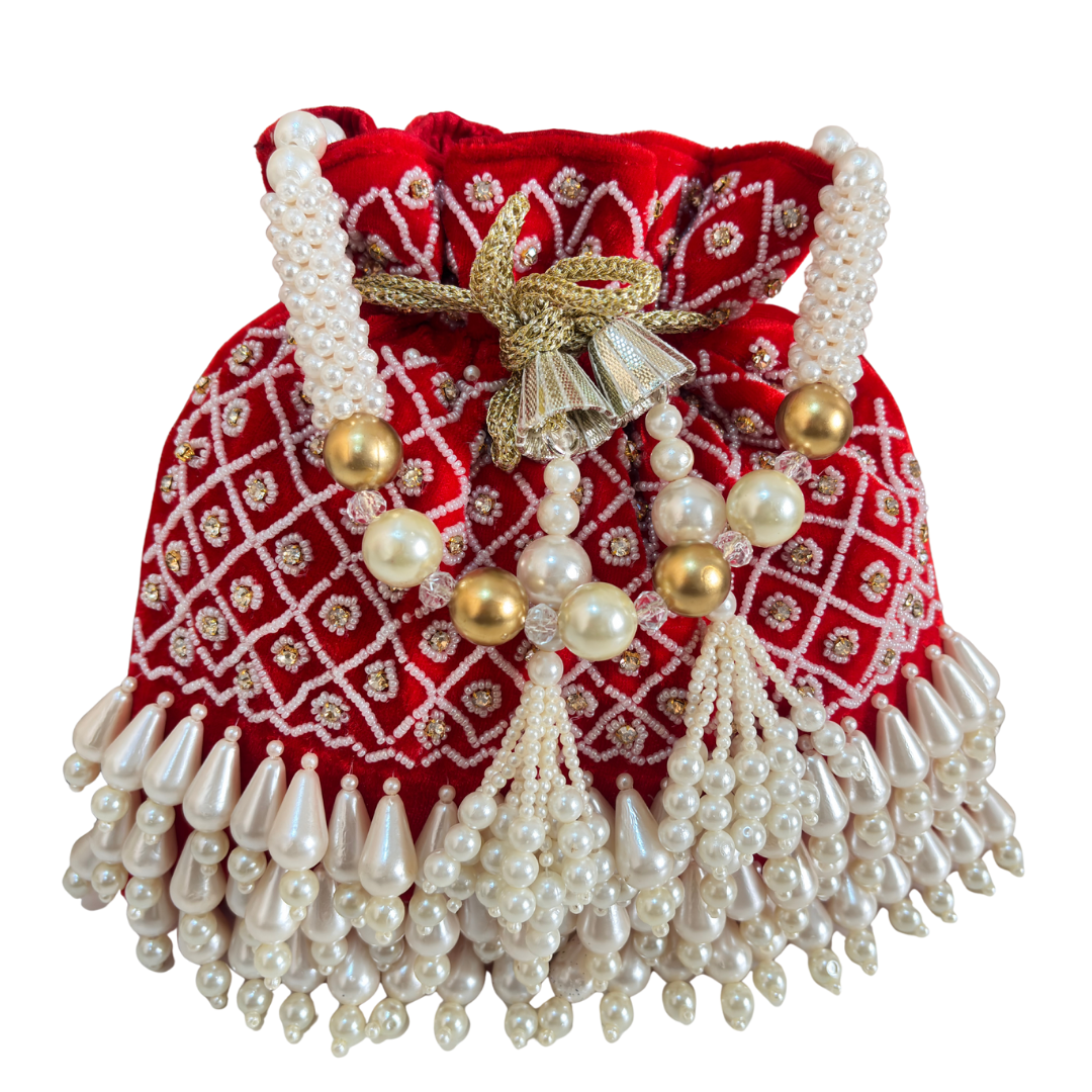 The House of RajPadmini Velvet Pearl Embroidered Potli Bag