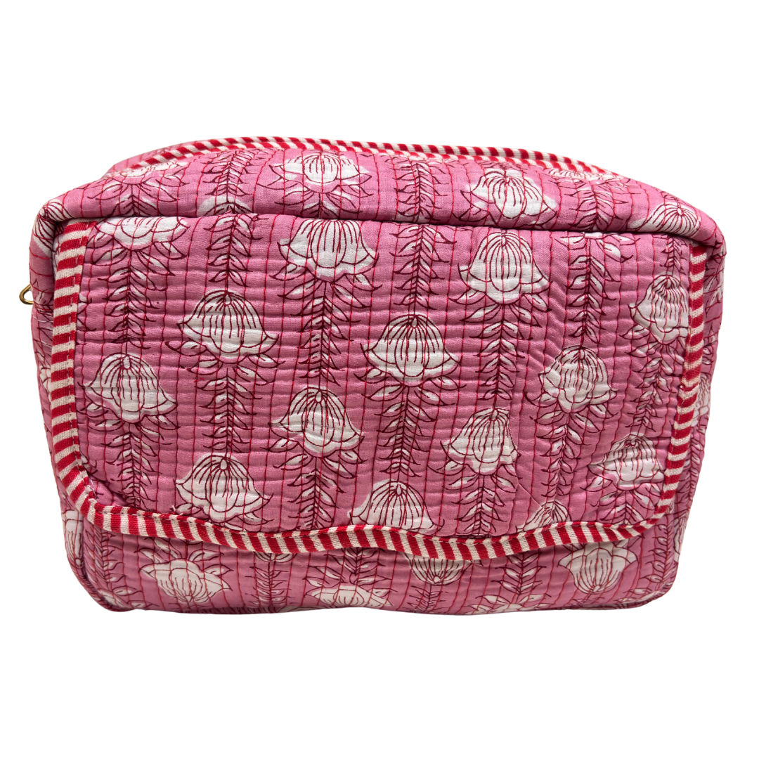 RajPadmini block-print cosmetic case — front view showing quilted cotton exterior and sturdy zip closure