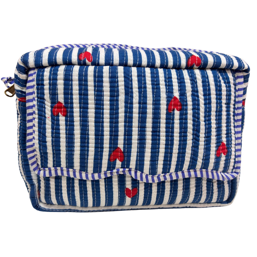 Multi-Pocket Travel Cosmetic Case with Flap & Front Zip — Handcrafted Quilted Block Print | RajPadmini