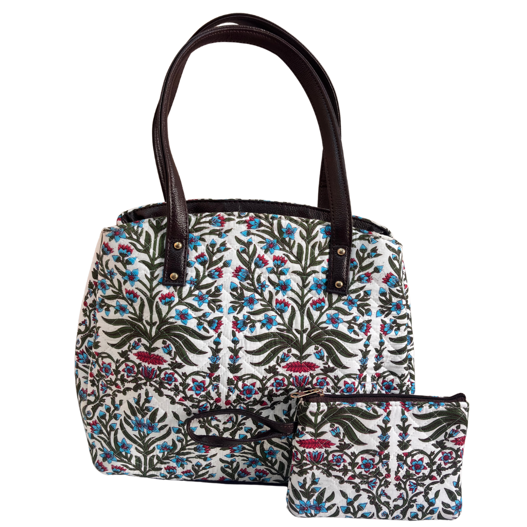 The House of RajPadmini Cross Quilted Cotton Tote Bag with Matching Pouch