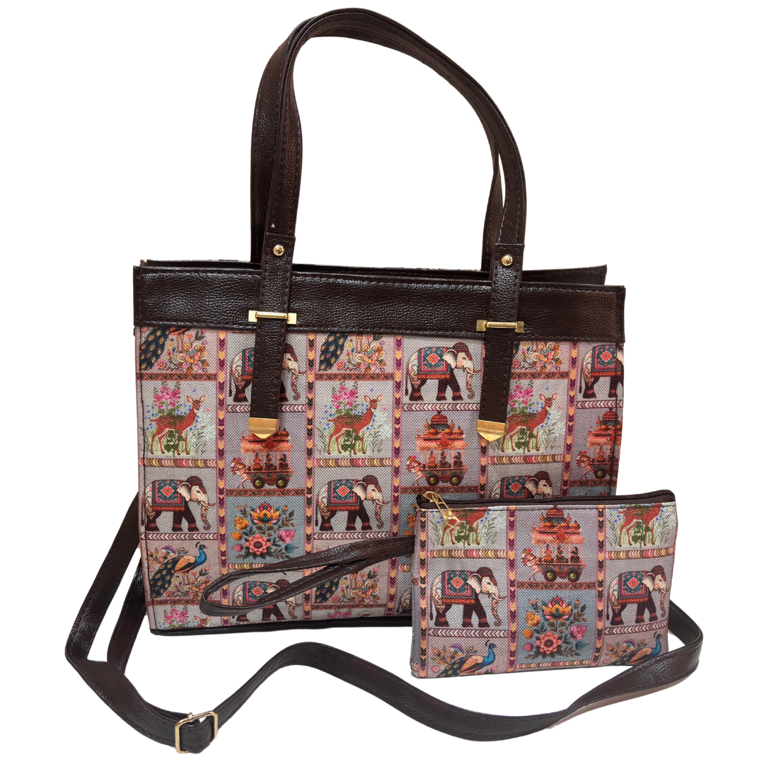 Rajwada Convertible Handbag for Women | Ethnic Chevron Print with Detachable Strap & Matching Pouch | Office to Evening