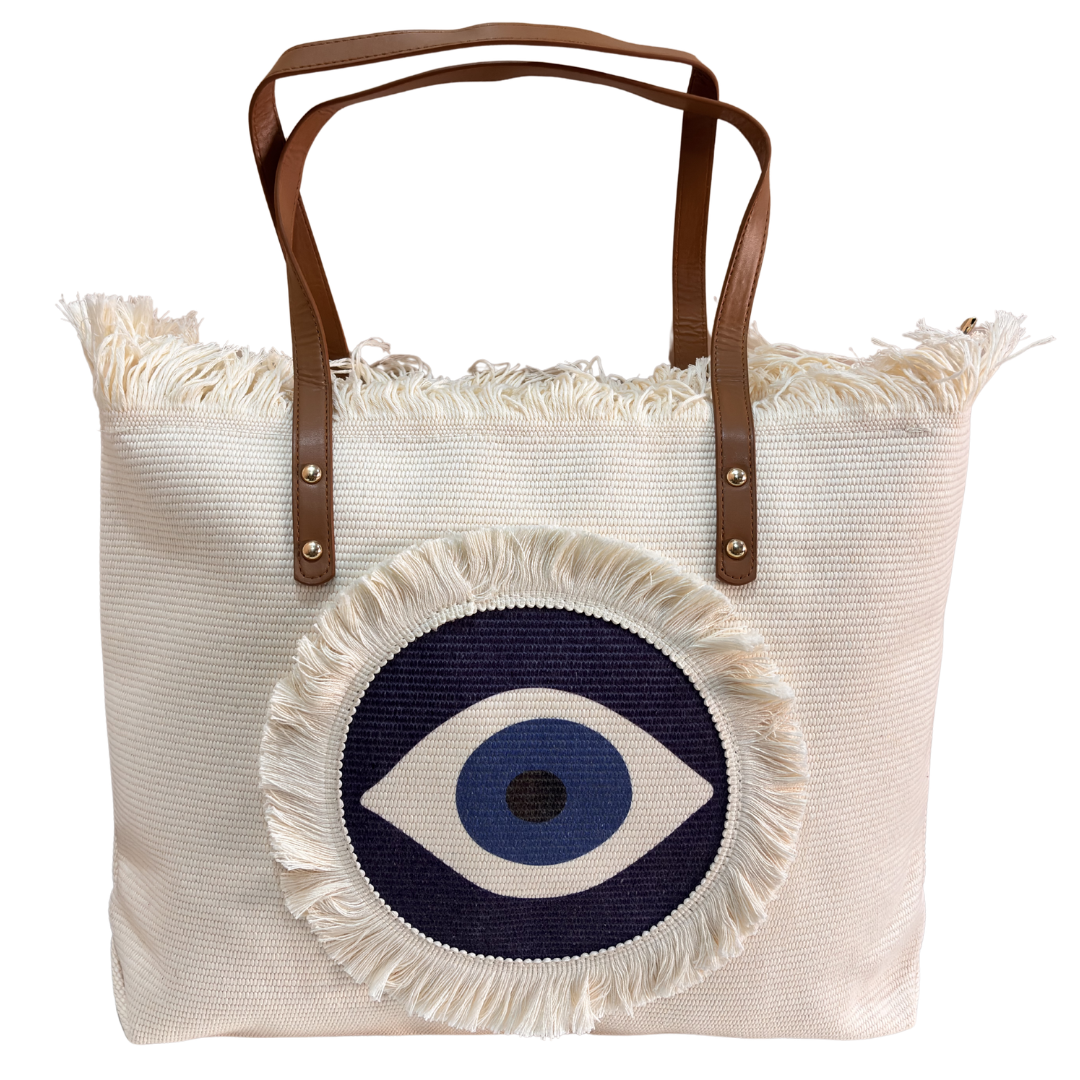 Evil Eye Canvas Tote Bag — Handcrafted Cotton Canvas with Nazar Motif & Zip Closure | The House of RajPadmini