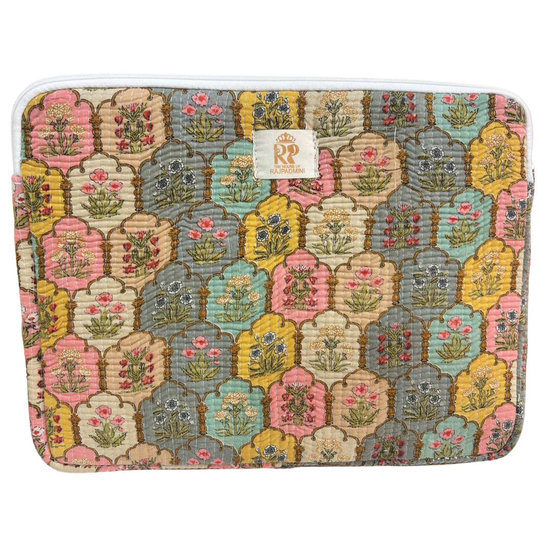 Classic Yellow quilted cotton laptop sleeve with external zip pocket — handcrafted 14-inch sleeve by The House of RajPadmini