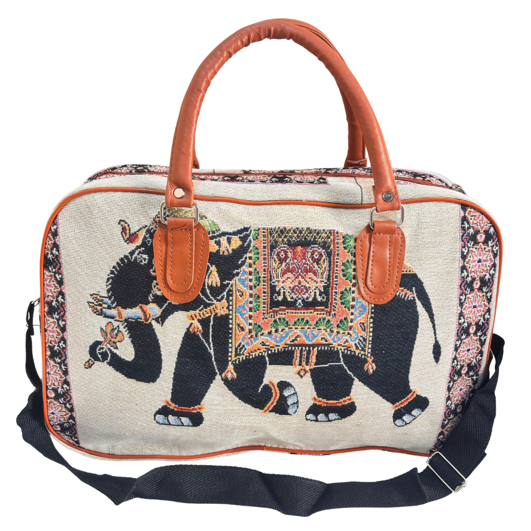 Creamy Beige Elephant Print Washable Duffle Bag