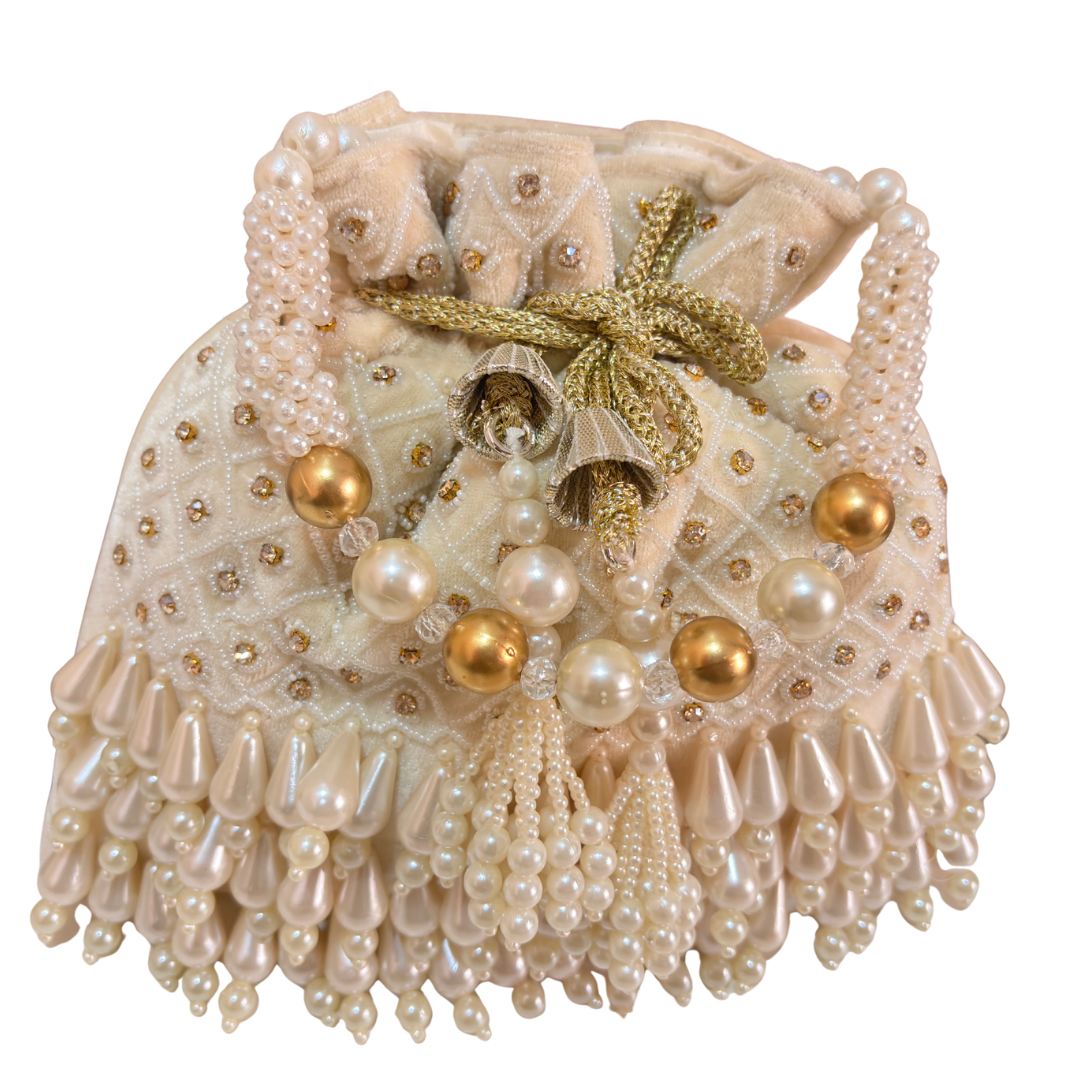 The House of RajPadmini Velvet Pearl Embroidered Potli Bag