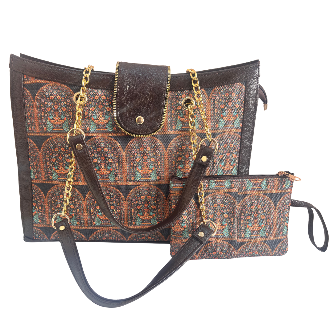 Chain Handle Tote Bag for Women | Rajasthani Block Print with Gold Chain Handles & Matching Pouch