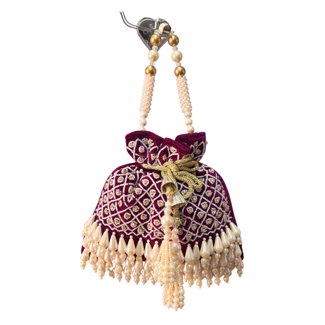 The House of RajPadmini Velvet Pearl Embroidered Potli Bag