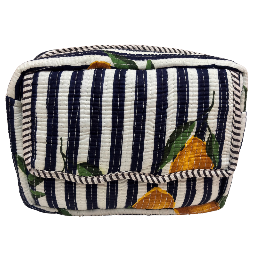 Multi-Pocket Travel Cosmetic Case with Flap & Front Zip — Handcrafted Quilted Block Print | RajPadmini