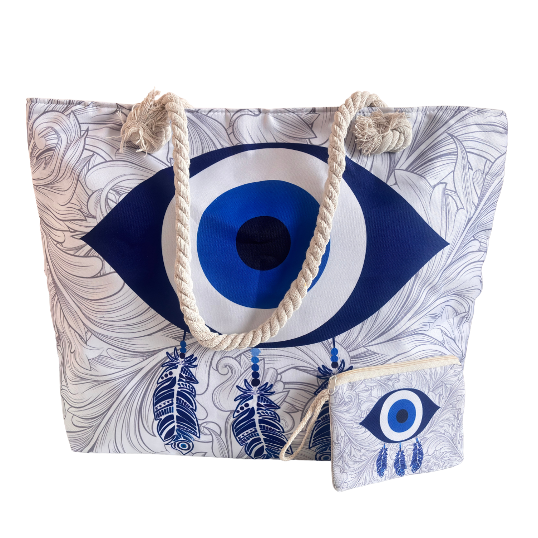 The Beach Party Edition:- Evil Eye Feather Print Beach Tote Bag with complimentary Pouch - The House of RajPadmini