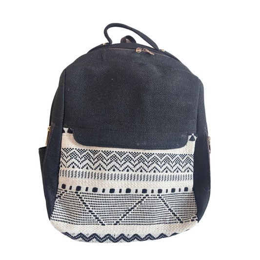 The Aavran Edition:- Premium Geometric Pattern Black Jute Laptop Backpack