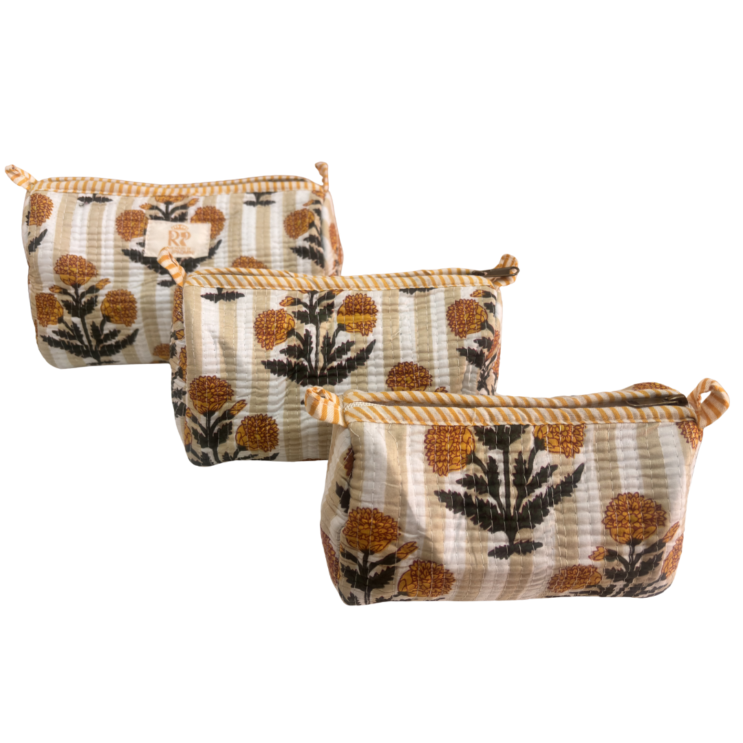 Quilted Cotton Travel Pouch Set of 3 – Waterproof Toiletry Organizer | Handcrafted in India