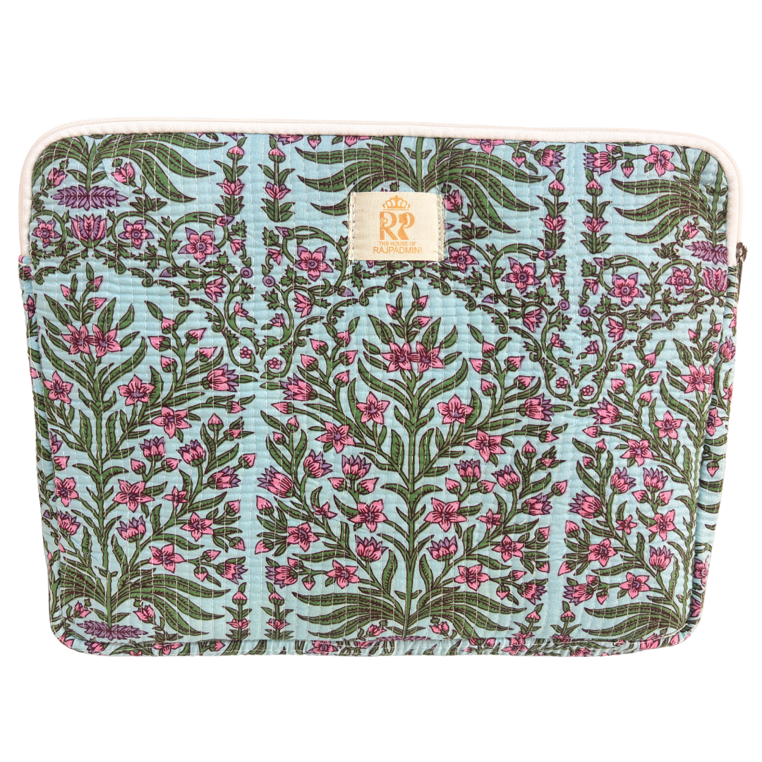 Azure Blue quilted cotton laptop sleeve with external zip pocket — handcrafted 14-inch sleeve by The House of RajPadmini